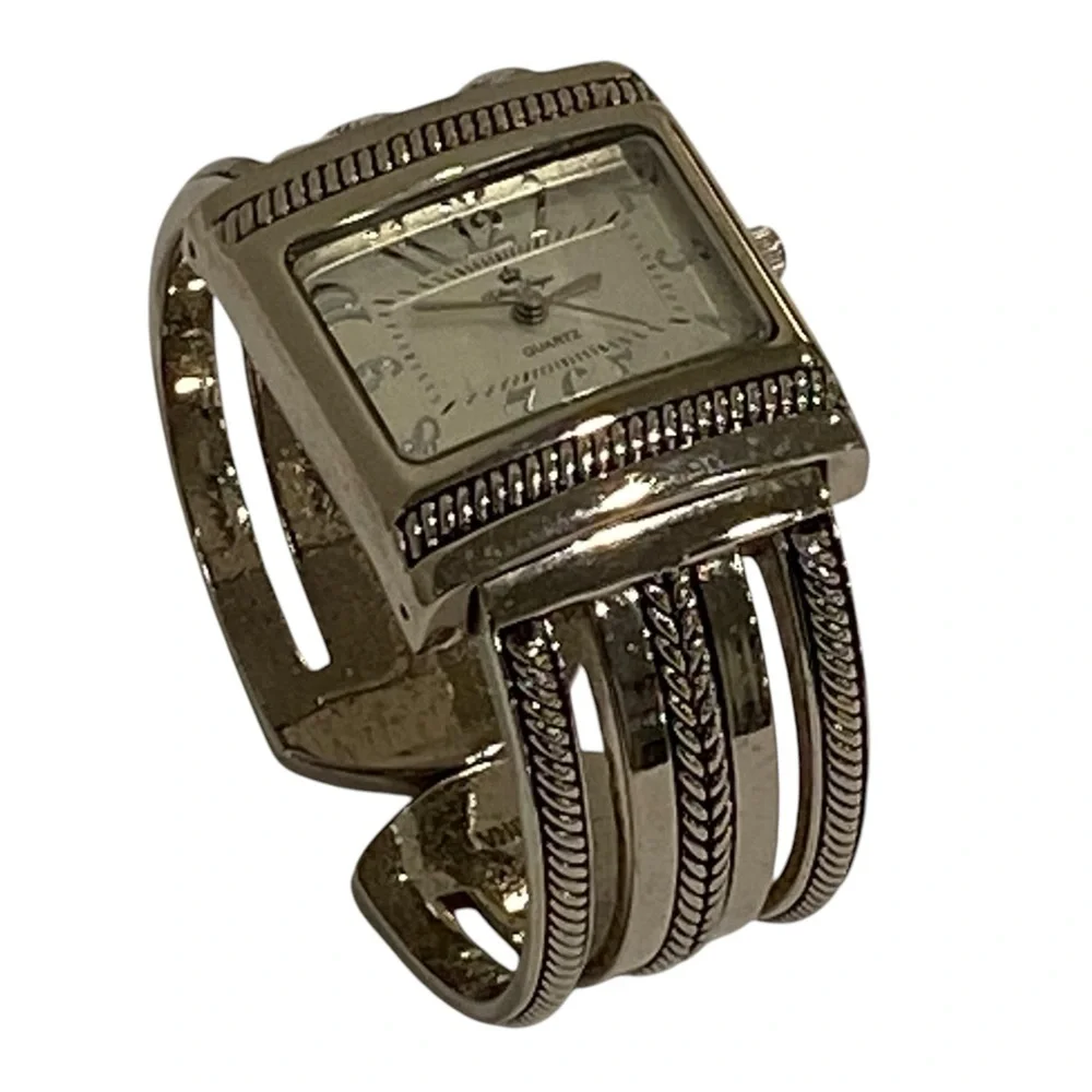 Vintage Premier Designs Silver Tone Hardware Open Cuff Quartz Watch